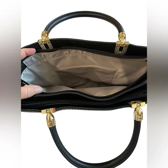 Gianni Bini Black & White Geometric Dot Structured Satchel with Gold Hardware - Picture 7 of 12